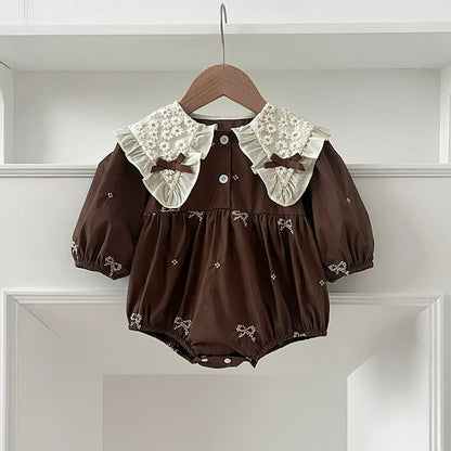 🎀 Enterito para Bebé Niña con Encaje, Moño y Bordado Floral🎀
