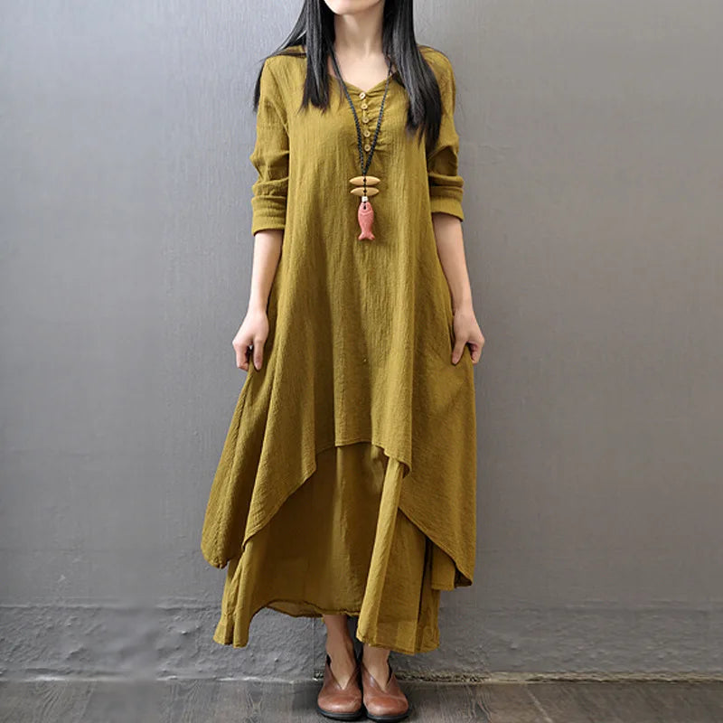 Vestido Largo de Lino Blanco para Mujer – Estilo Bohemio Vintage de Otoño