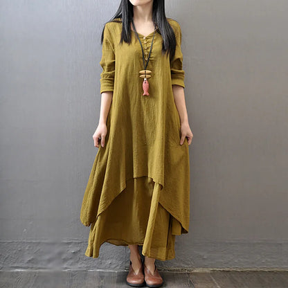 Vestido Largo de Lino Blanco para Mujer – Estilo Bohemio Vintage de Otoño