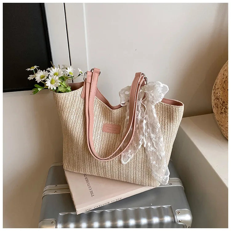 Bolso Tote de Playa de Gran Capacidad Tejido a Mano – Bolso de Hombro Casual de Verano