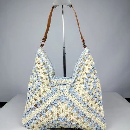 Bolso de Hombro Tejido de Paja Estilo Crochet – Bolso de Verano Casual para Playa y Viajes