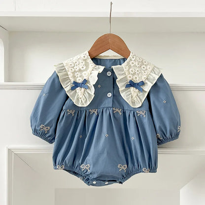 🎀 Enterito para Bebé Niña con Encaje, Moño y Bordado Floral🎀