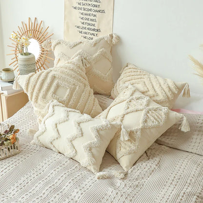 Funda de Cojín de Algodón con Relieve y Borlas – Estilo Retro para Decoración del Hogar
