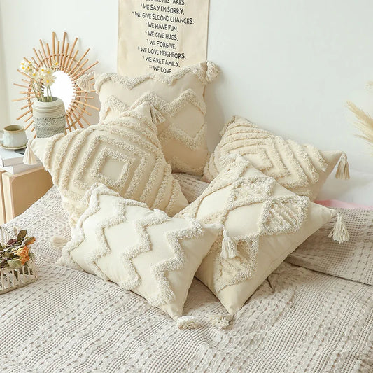 Funda de Cojín de Algodón con Relieve y Borlas – Estilo Retro para Decoración del Hogar