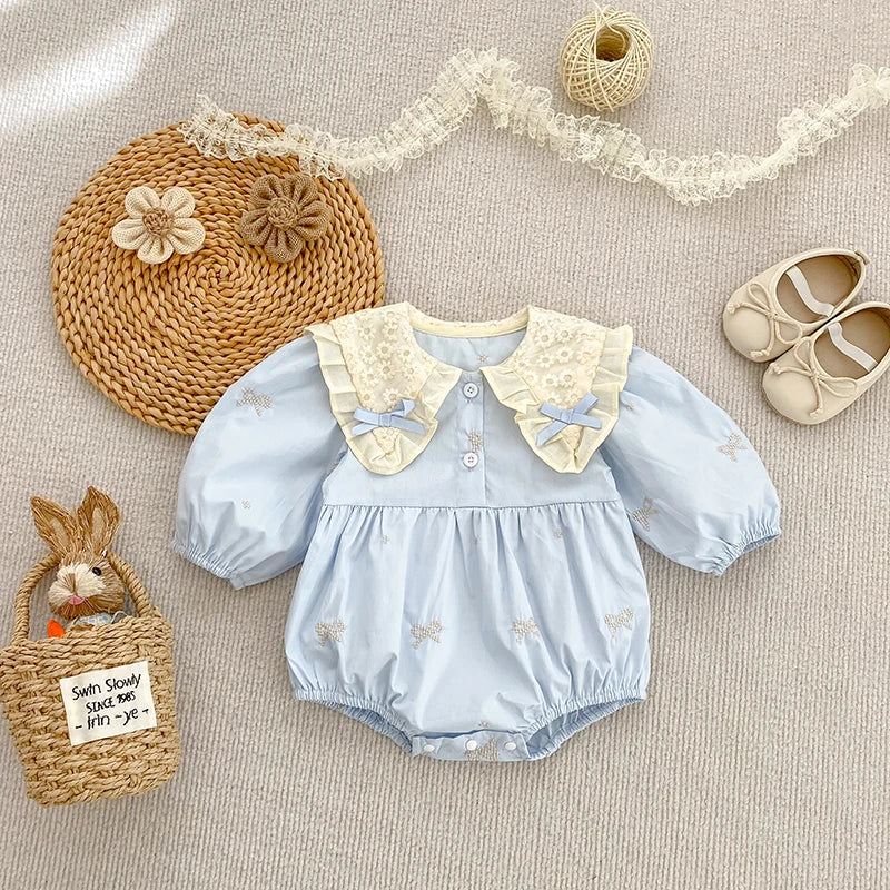 🎀 Enterito para Bebé Niña con Encaje, Moño y Bordado Floral🎀