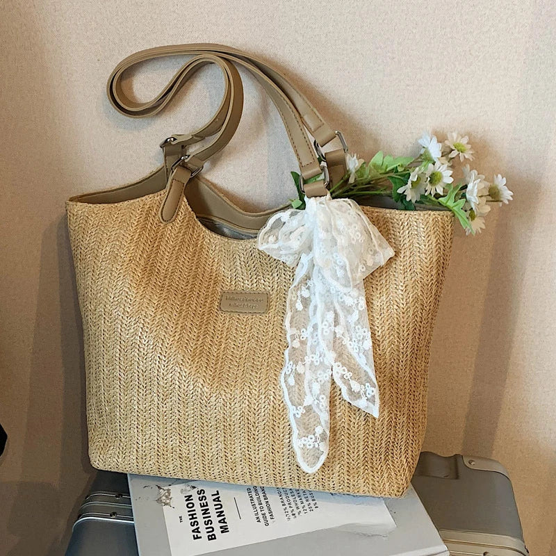 Bolso Tote de Playa de Gran Capacidad Tejido a Mano – Bolso de Hombro Casual de Verano