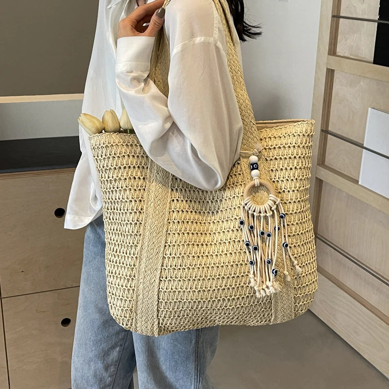 Bolso de Paja Tejido para Mujer – Tote Bohemio de Verano con Gran Capacidad