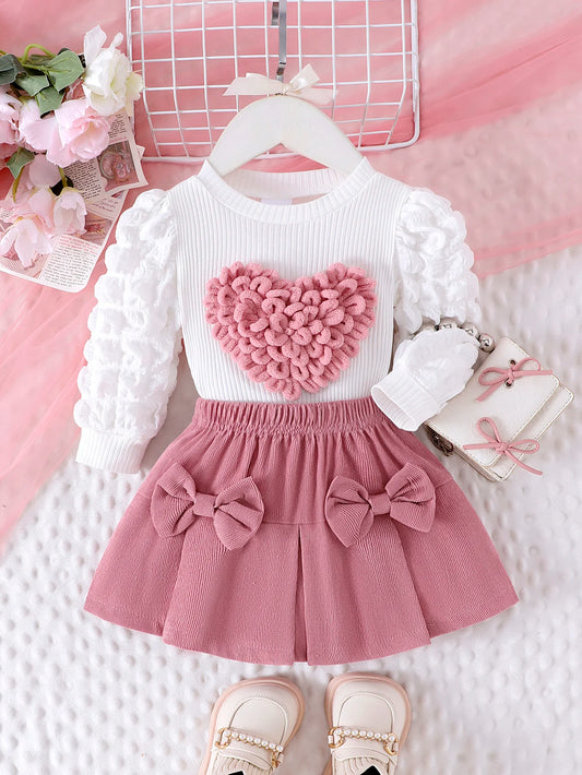 ⭐ Conjunto Dulce Infantil – Blusa con Mangas Abullonadas + Falda Rosa para Niñas (0–3 Años)