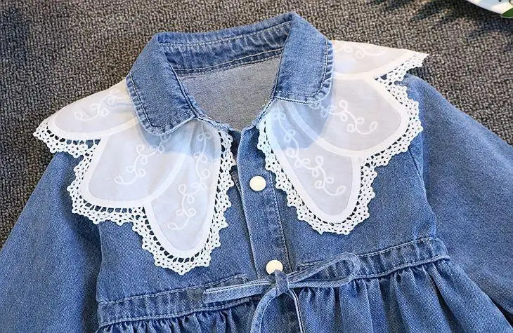Vestido Infantil de Mezclilla para Niña – Estilo Princesa con Bordado y Lazo