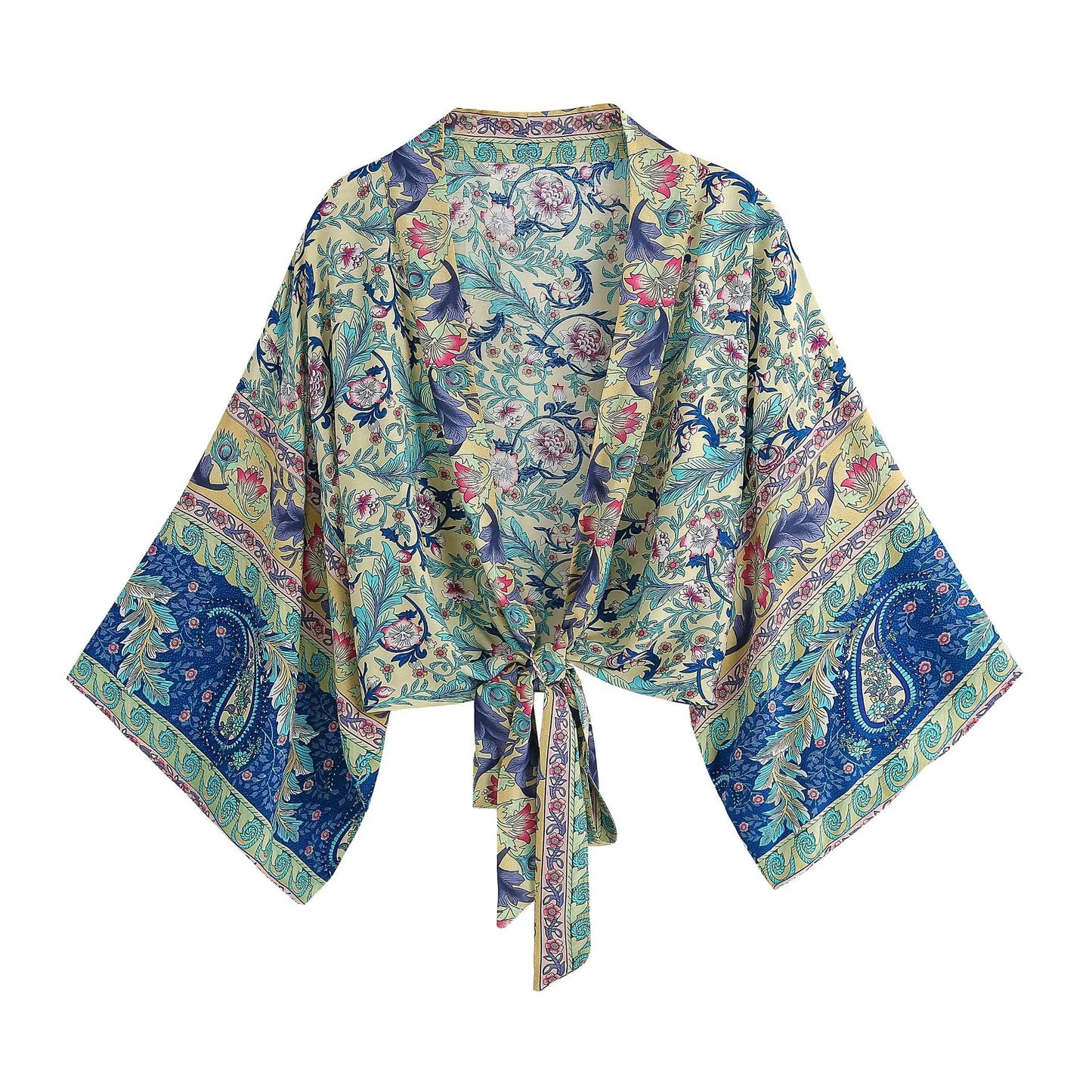 Top Kimono Corto Floral para Mujer – Estilo Bohemio de Playa con Escote en V