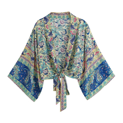 Top Kimono Corto Floral para Mujer – Estilo Bohemio de Playa con Escote en V