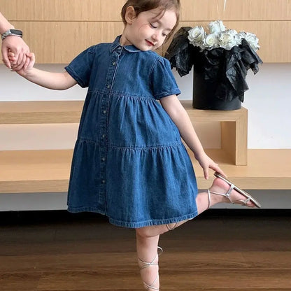 Vestido Infantil de Mezclilla para Niña – Estilo Princesa con Bordado y Lazo