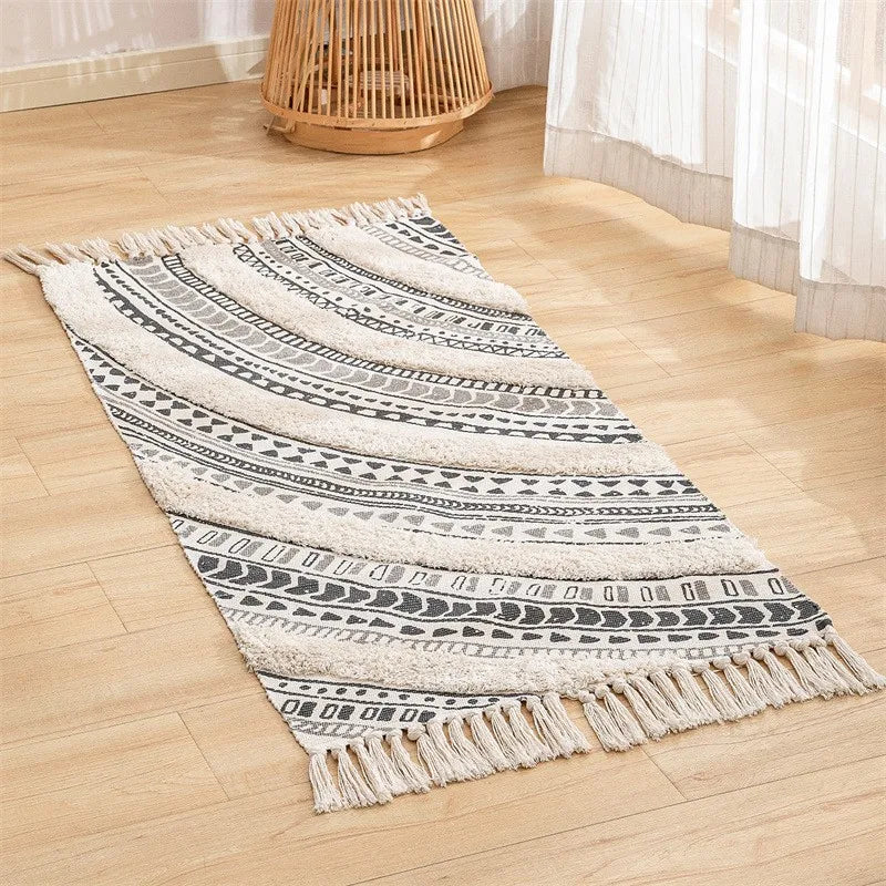 Alfombra Artesanal con Borlas Estilo Nórdico y Marroquí – Decoración Bohemia para Dormitorio y Sala