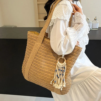 Bolso de Paja Tejido para Mujer – Tote Bohemio de Verano con Gran Capacidad