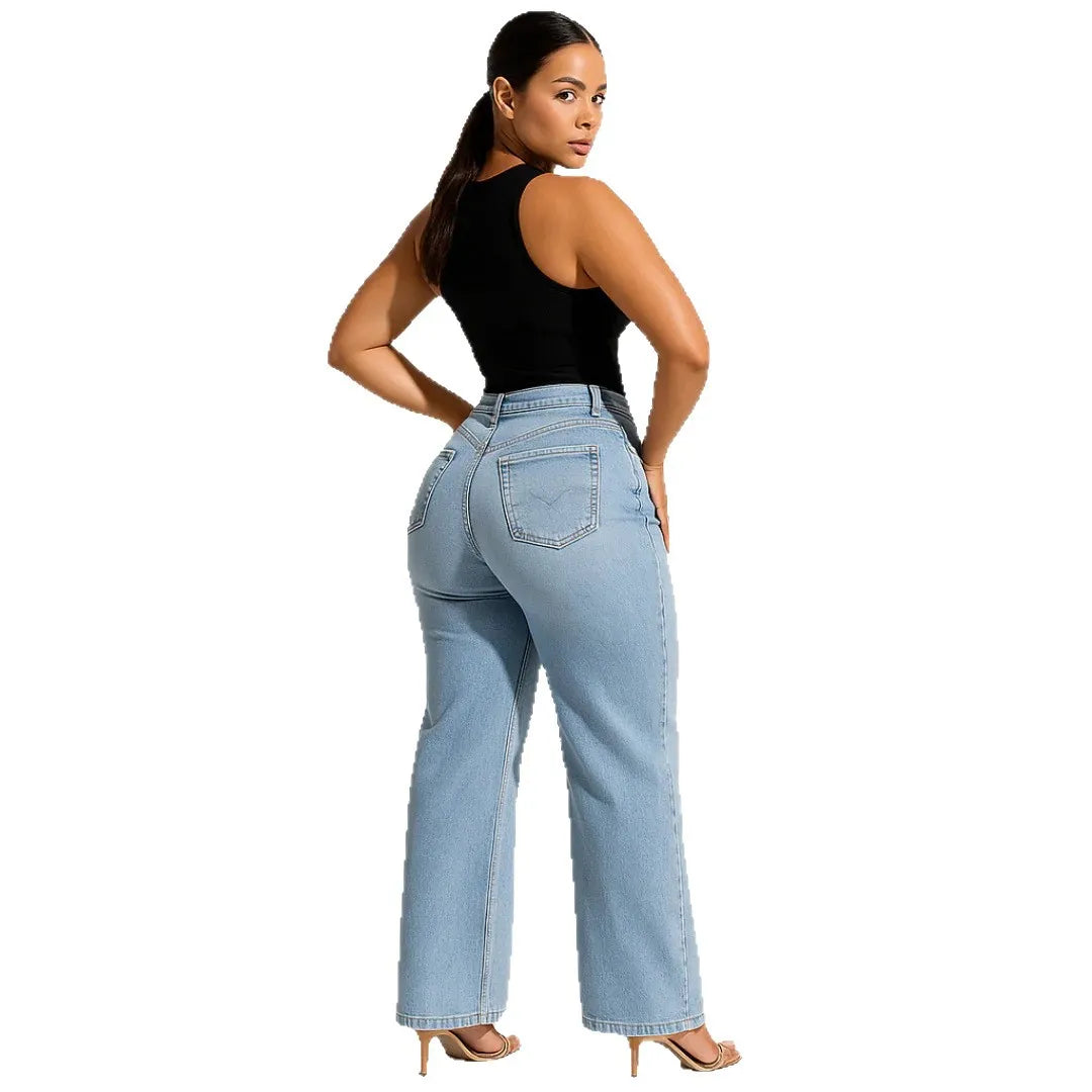 Jeans Mujer Recto de Corte Slim con Efecto Realce – Denim Azul Lavado