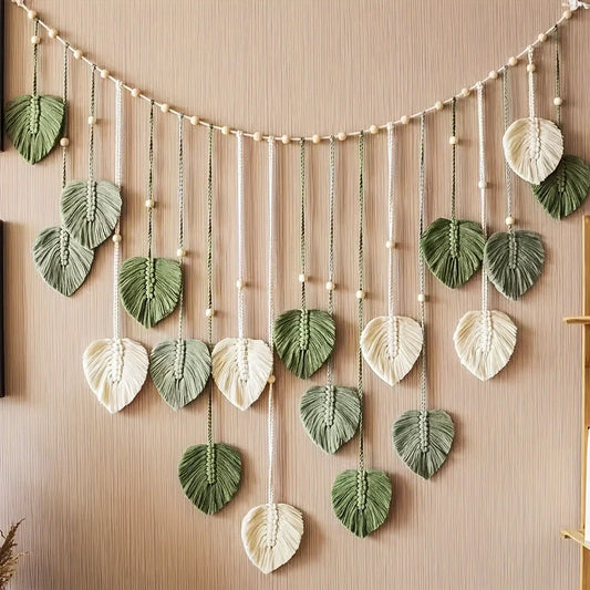 Decoración de Pared Tejida Moderna con Hojas Verdes – Estilo Bohemio Natural