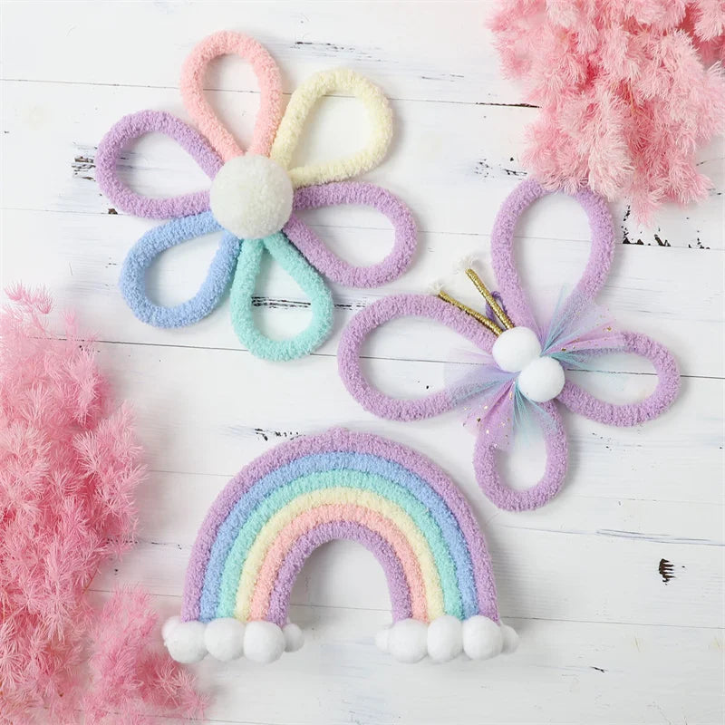🌼🌈 Colgante Decorativo Boho Nórdico Tejido – Flores, Arcoíris y Mariposa para Habitación Infantil 🌈🌼