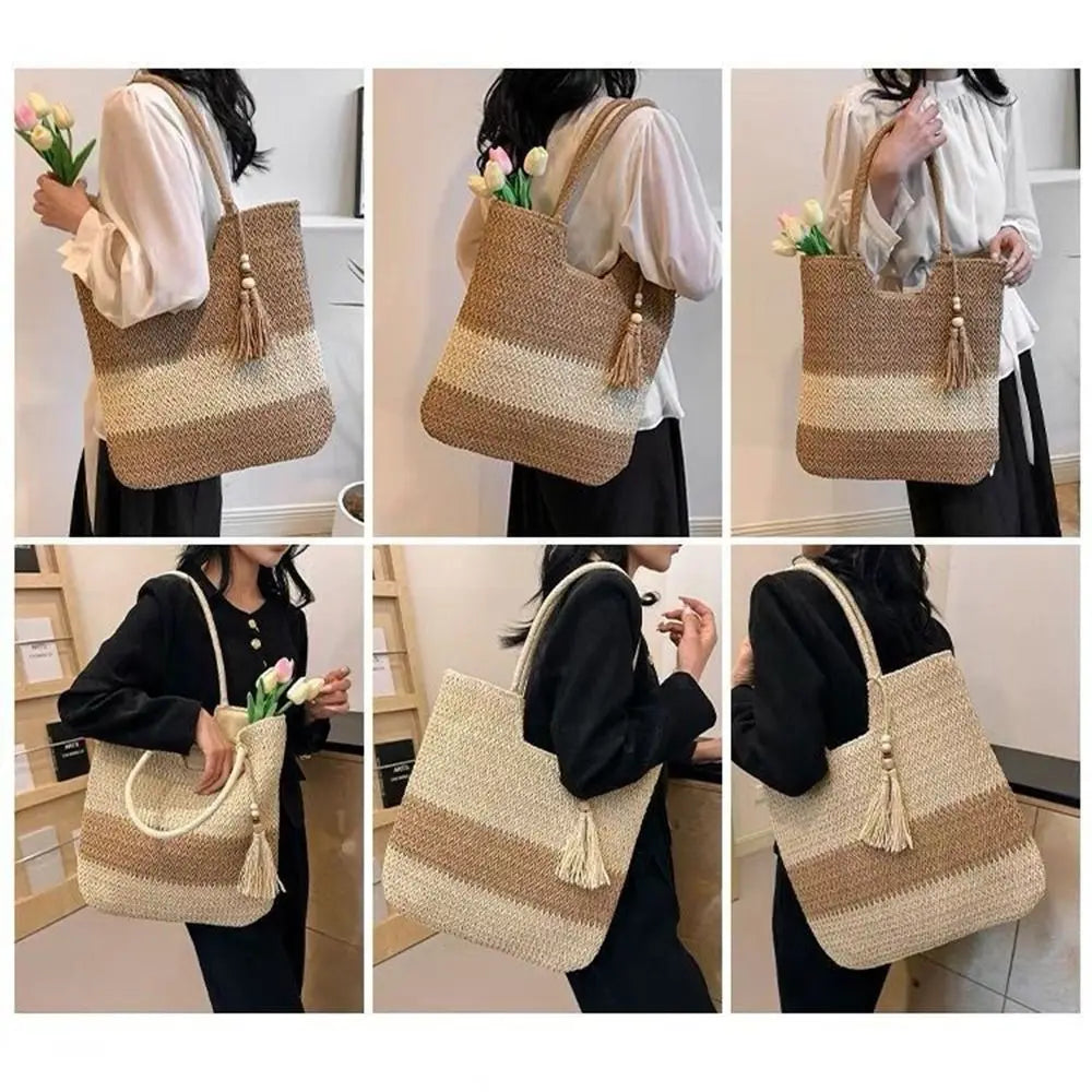 Bolso tejido de paja con Borlas – Tote Grande y Ligero para Viajes y Verano