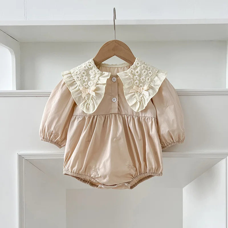🎀 Enterito para Bebé Niña con Encaje, Moño y Bordado Floral🎀