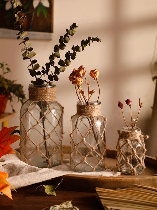 Jarrón de Vidrio Colgante Rústico con Cuerda de Cáñamo