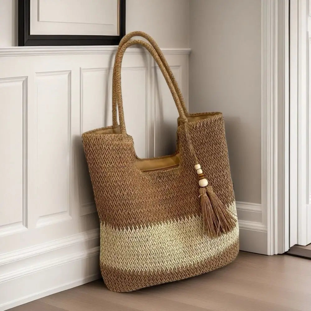 Bolso tejido de paja con Borlas – Tote Grande y Ligero para Viajes y Verano