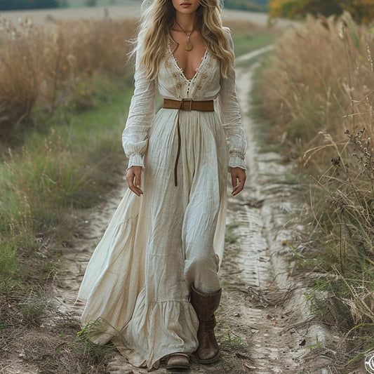 Vestido Maxi de Estilo Campestre – Elegancia Bohemia y Romance Vintage
