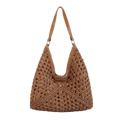Bolso de Hombro Tejido de Paja Estilo Crochet – Bolso de Verano Casual para Playa y Viajes