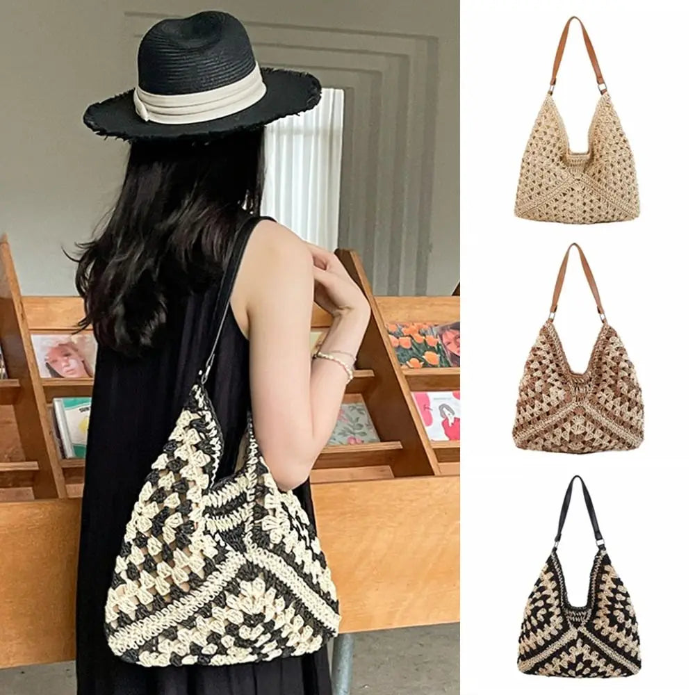 Bolso de Hombro Tejido de Paja Estilo Crochet – Bolso de Verano Casual para Playa y Viajes