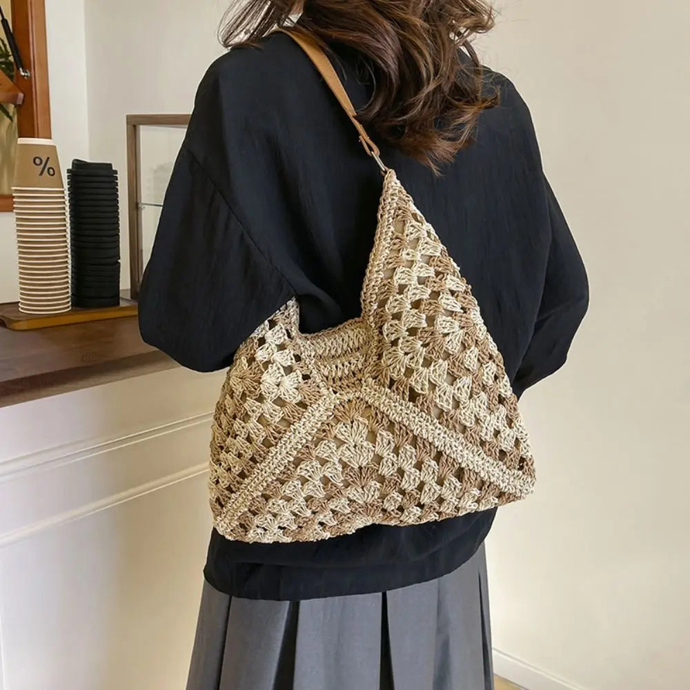 Bolso de Hombro Tejido de Paja Estilo Crochet – Bolso de Verano Casual para Playa y Viajes