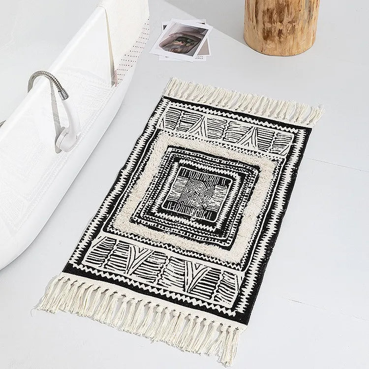 Alfombra Artesanal con Borlas Estilo Nórdico y Marroquí – Decoración Bohemia para Dormitorio y Sala