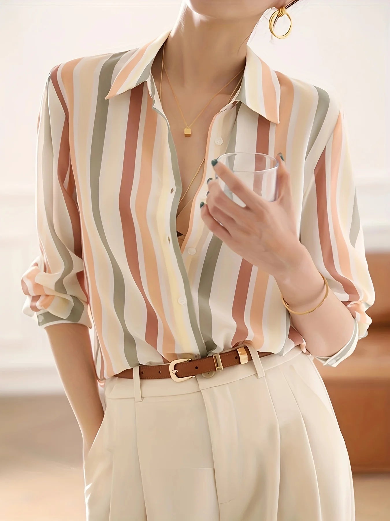 ✨ Camisa Satinada a Rayas Vintage – Elegancia y Estilo para la Mujer Contemporánea ✨