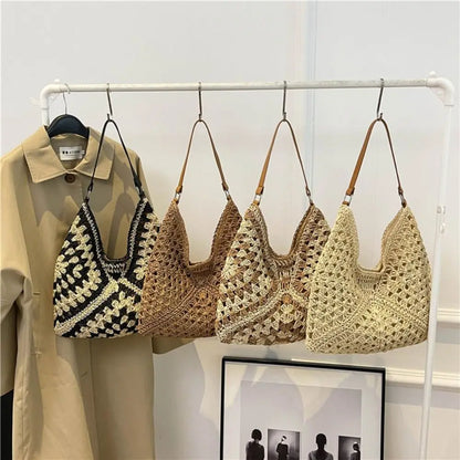 Bolso de Hombro Tejido de Paja Estilo Crochet – Bolso de Verano Casual para Playa y Viajes