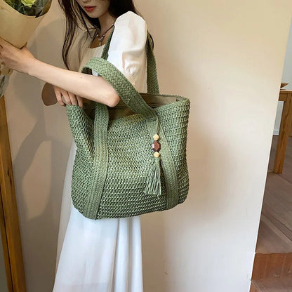 Bolso Tote Tejido de Verano para Mujer – Gran Capacidad con Borla Decorativa