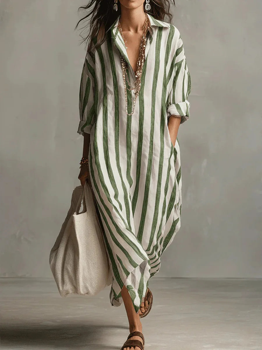 Vestido Casual a Rayas con Cuello en V y Manga 3/4