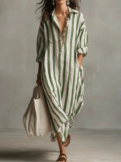 Vestido Casual a Rayas con Cuello en V y Manga 3/4
