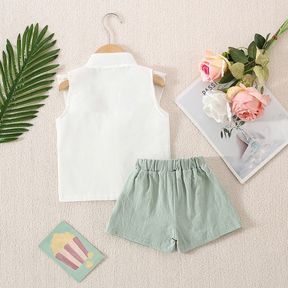🌸 Conjunto de Verano para Niña – Top Bordado sin Mangas + Shorts de Algodón