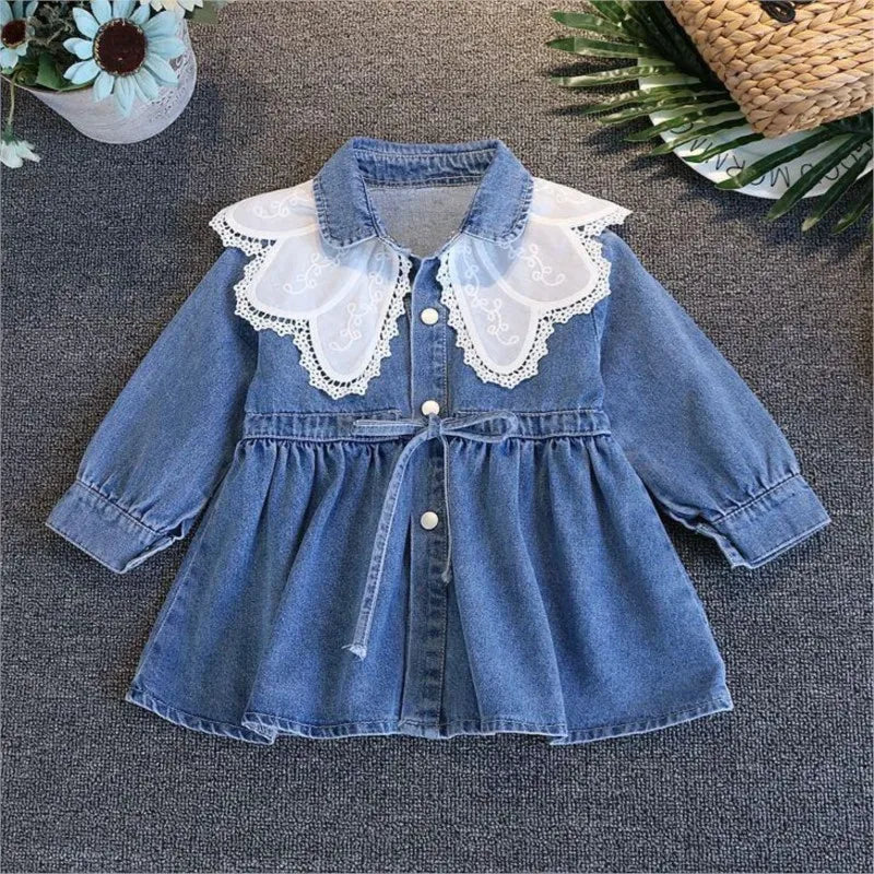 Vestido Infantil de Mezclilla para Niña – Estilo Princesa con Bordado y Lazo