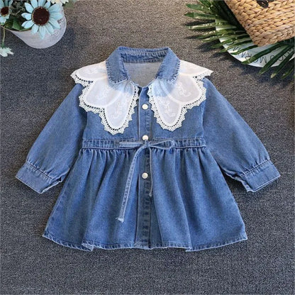 Vestido Infantil de Mezclilla para Niña – Estilo Princesa con Bordado y Lazo