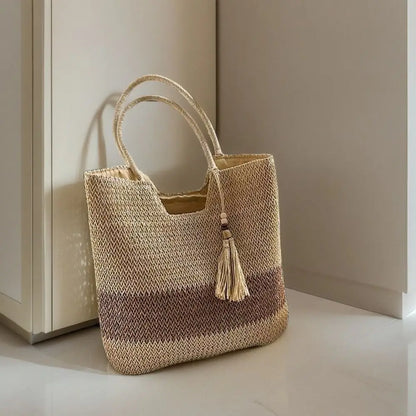 Bolso tejido de paja con Borlas – Tote Grande y Ligero para Viajes y Verano
