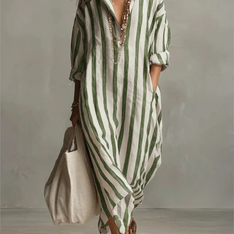 Vestido Casual a Rayas con Cuello en V y Manga 3/4