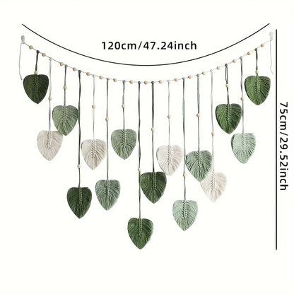 Decoración de Pared Tejida Moderna con Hojas Verdes – Estilo Bohemio Natural