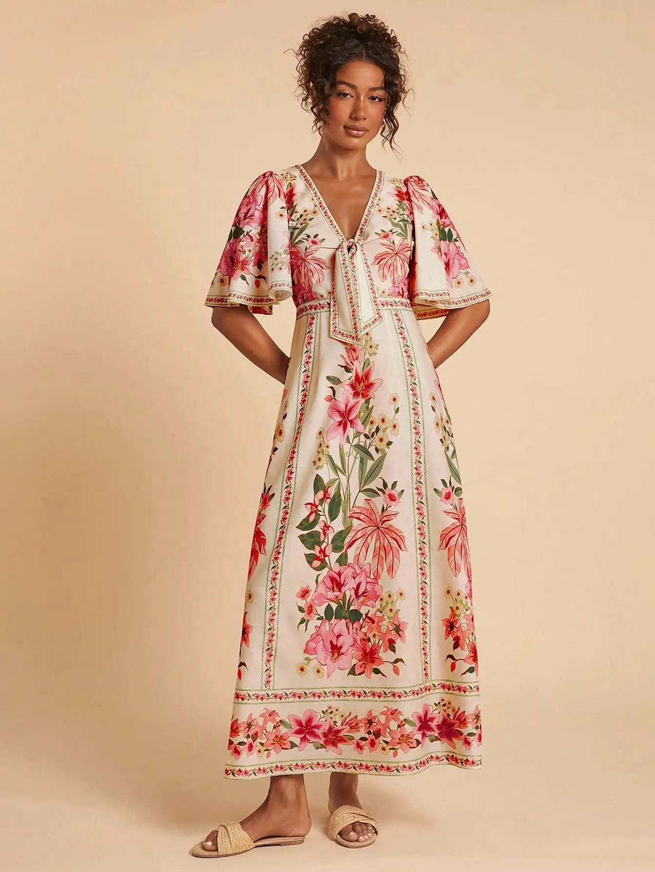 🌸 Vestido Maxi Floral con Mangas Volante y Escote en V con Lazo – Elegancia Atemporal