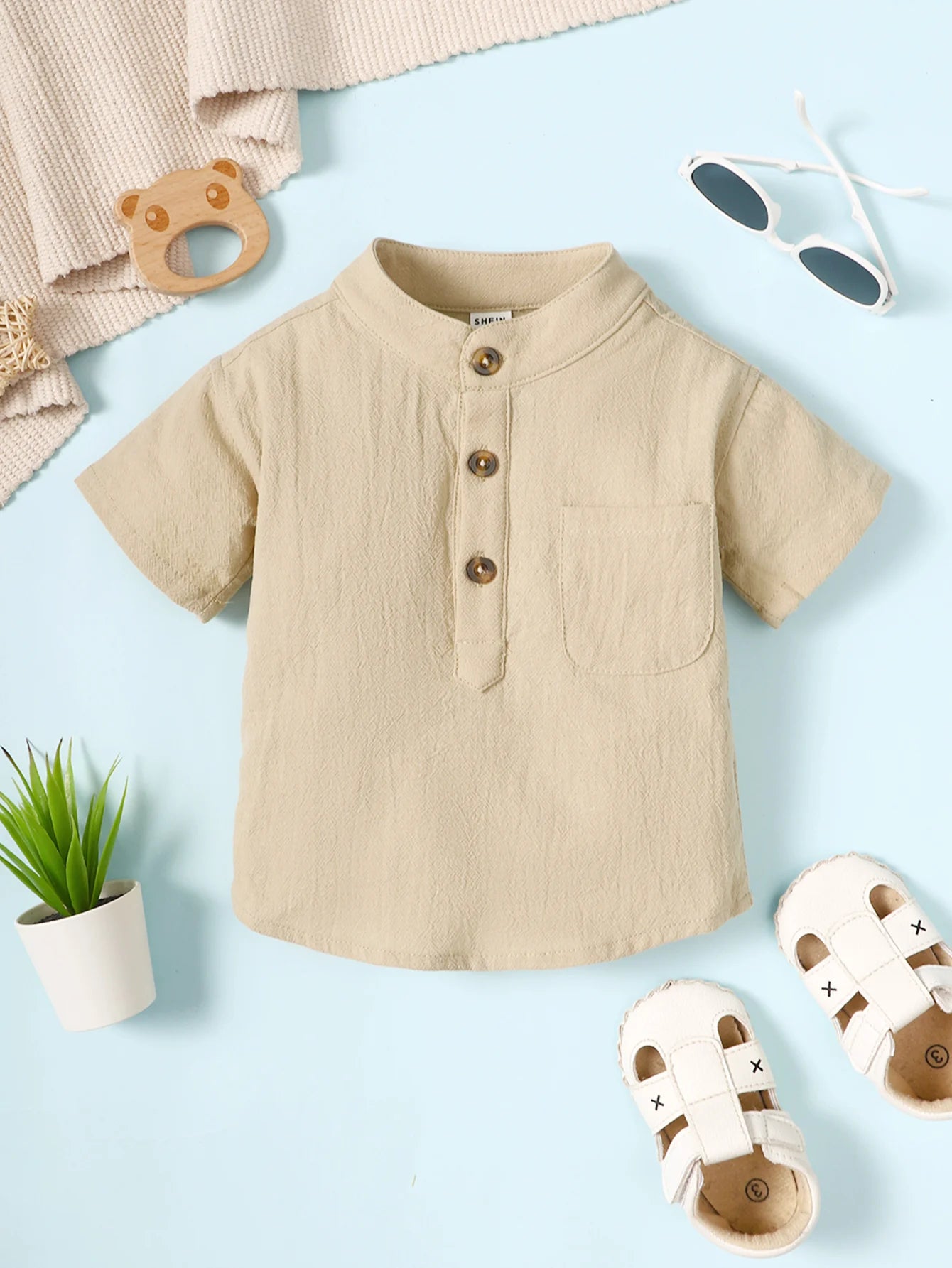 Camisa Infantil de Verano para Bebé Niño – Manga Corta con Cuello Mao Estilo Elegante
