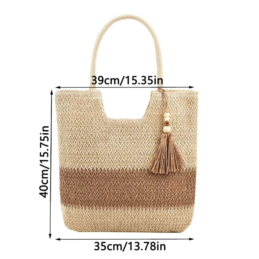 Bolso tejido de paja con Borlas – Tote Grande y Ligero para Viajes y Verano