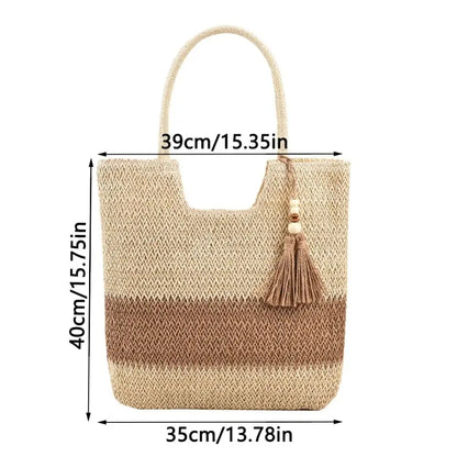 Bolso tejido de paja con Borlas – Tote Grande y Ligero para Viajes y Verano