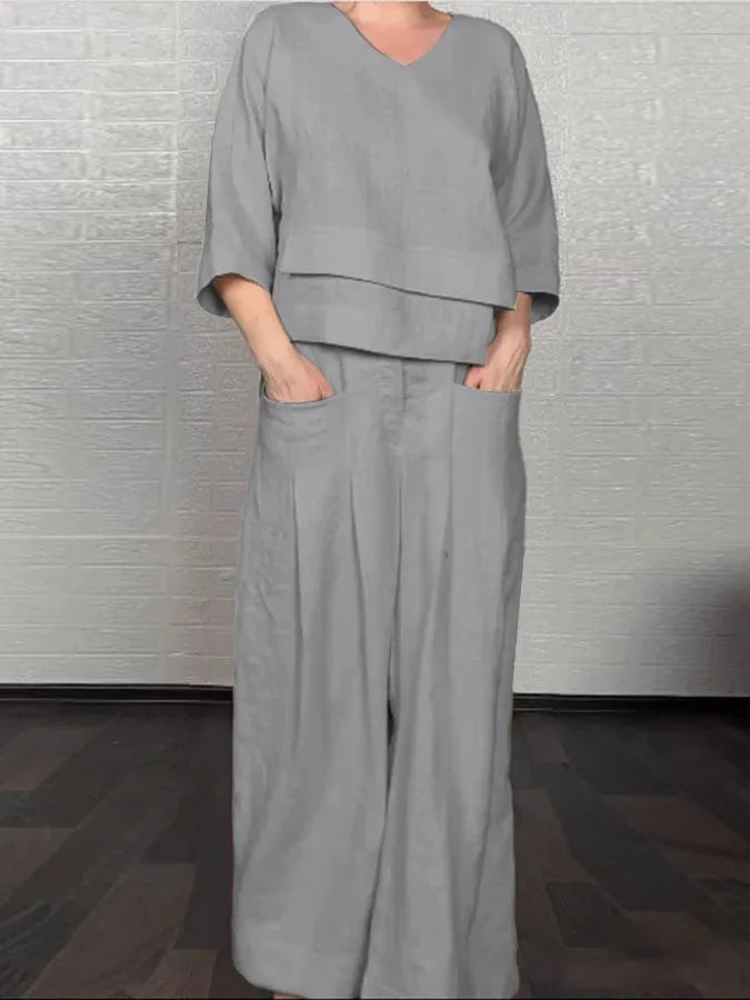 Conjunto Elegante Dúo – Blusa de Cuello en V + Pantalón Palazzo con Bolsillos
