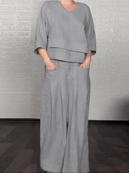 Conjunto Elegante Dúo – Blusa de Cuello en V + Pantalón Palazzo con Bolsillos