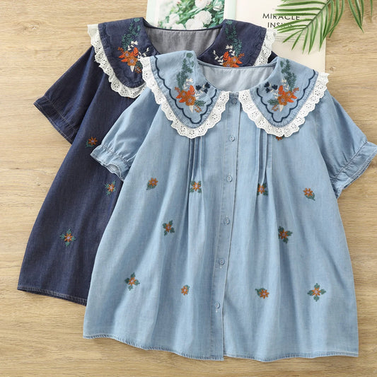 Blusa Denim Vintage Cottagecore – Estilo Mori Girl y Bordado Floral