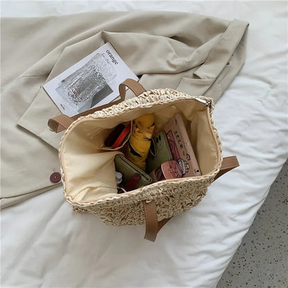 Bolso de Hombro Tejido a Mano de Raffia – Tote Bohemio de Verano para Playa y Viajes