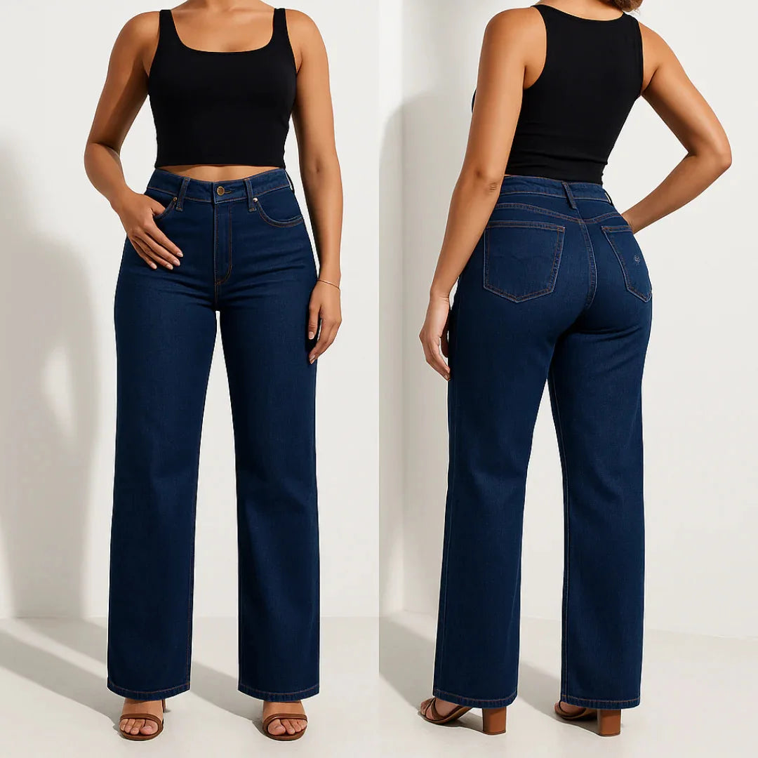 Jeans Mujer Recto de Corte Slim con Efecto Realce – Denim Azul Lavado